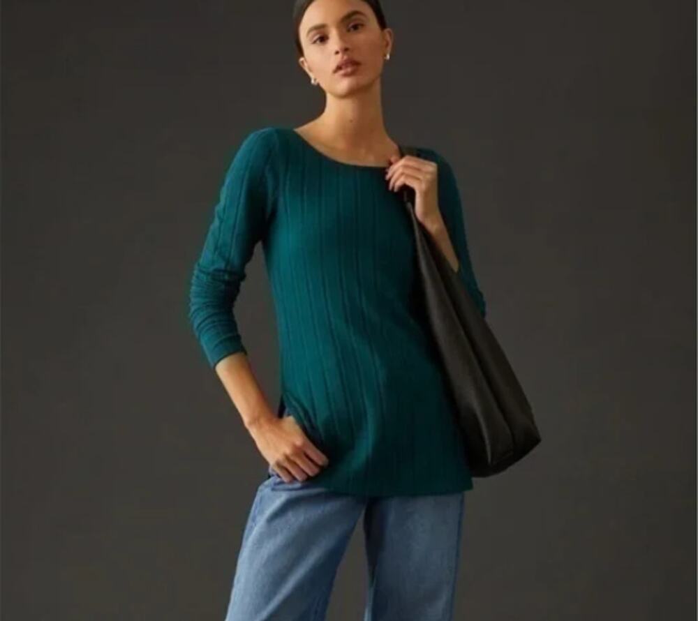 Anthropologie Women's Teal Ribbed Knit Side Slit Tunic Top Size Small